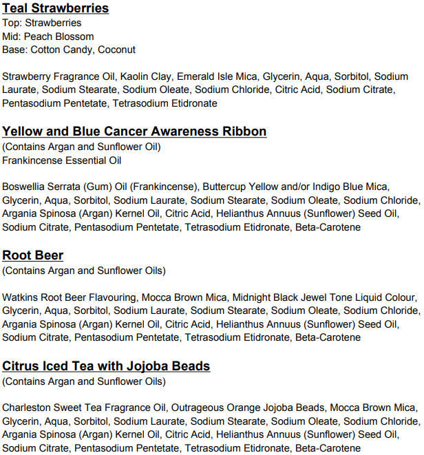 A description and basic ingredients list for soaps.