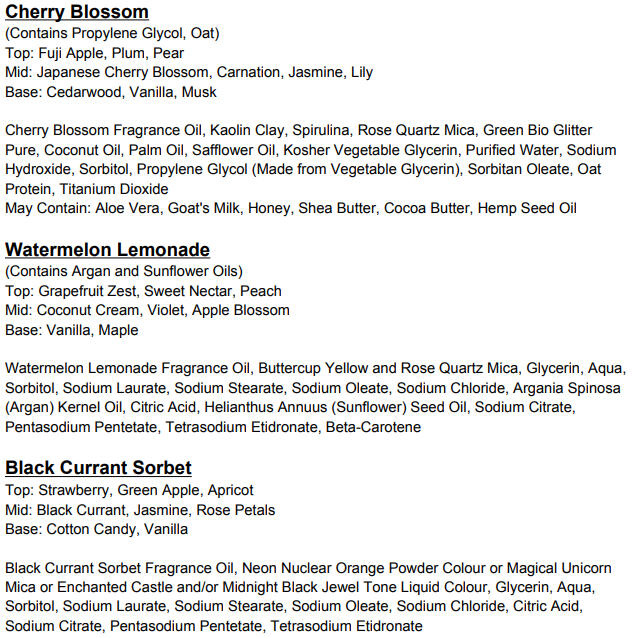 A description and basic ingredients list for soaps.